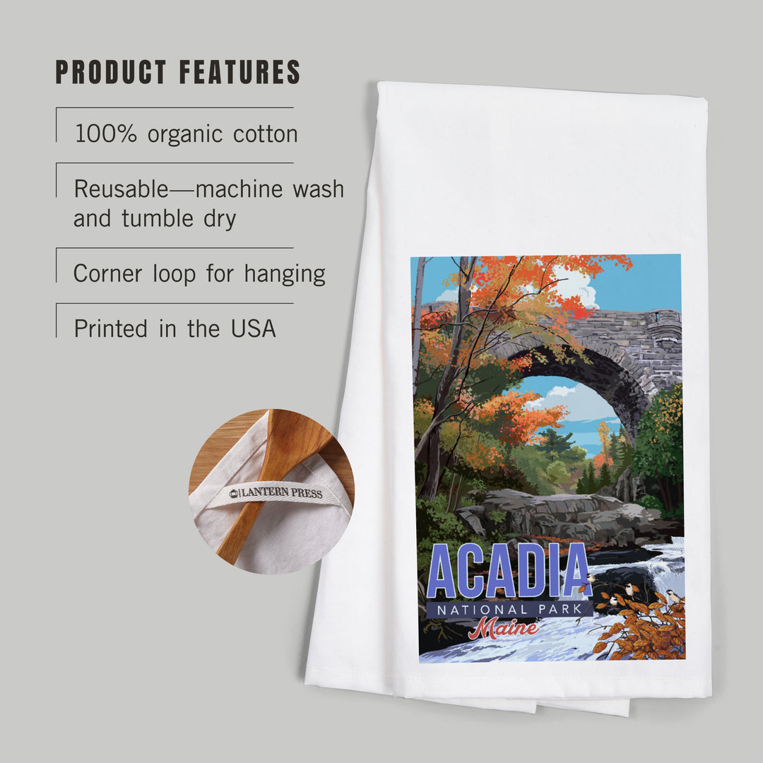 Acadia National Park, Maine, Stone Bridge Illustration, Organic Cotton Kitchen Tea Towels