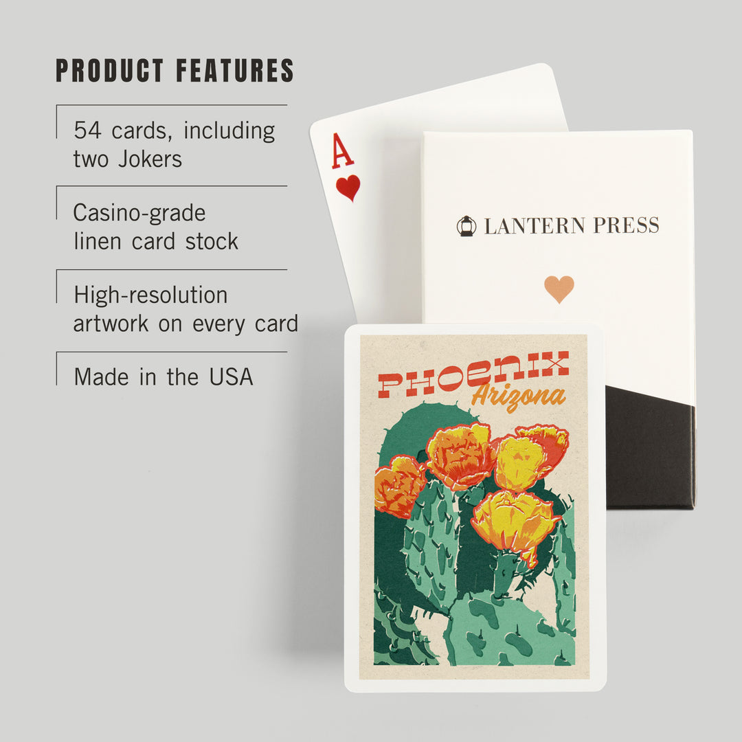 Playing Cards, Phoenix, Arizona, Woodblock City Series, Cactus Blooms, 52 Card Deck with Jokers in Box, Unique Art