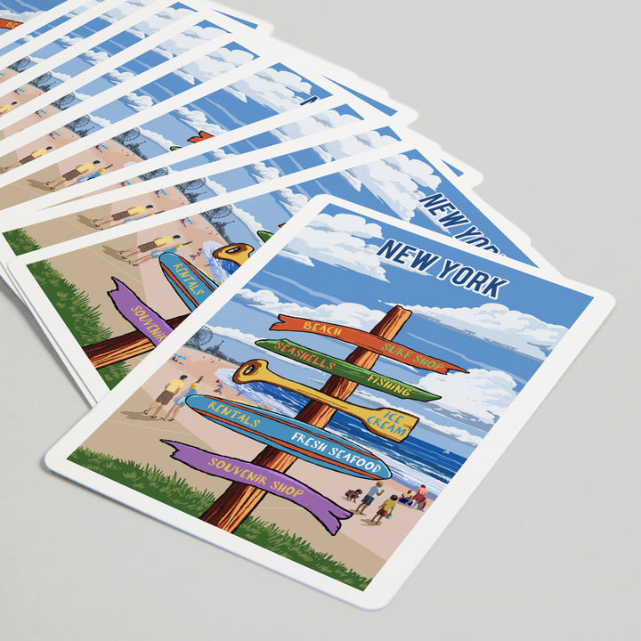 Playing Cards, New York, Signpost, Coast Beach with Pier, 52 Card Deck with Jokers in Box, Unique Art