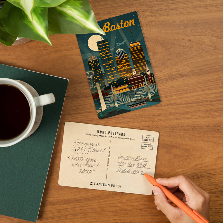 Boston, Massachusetts, Retro Skyline, Wood Sign and Postcards