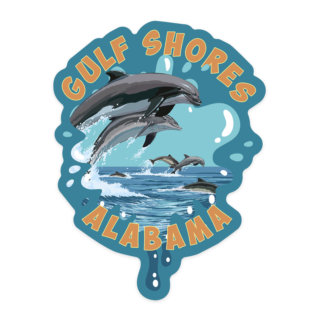 Gulf Shores, Alabama, Dolphins Jumping, Contour, Lantern Press Artwork, Vinyl Sticker