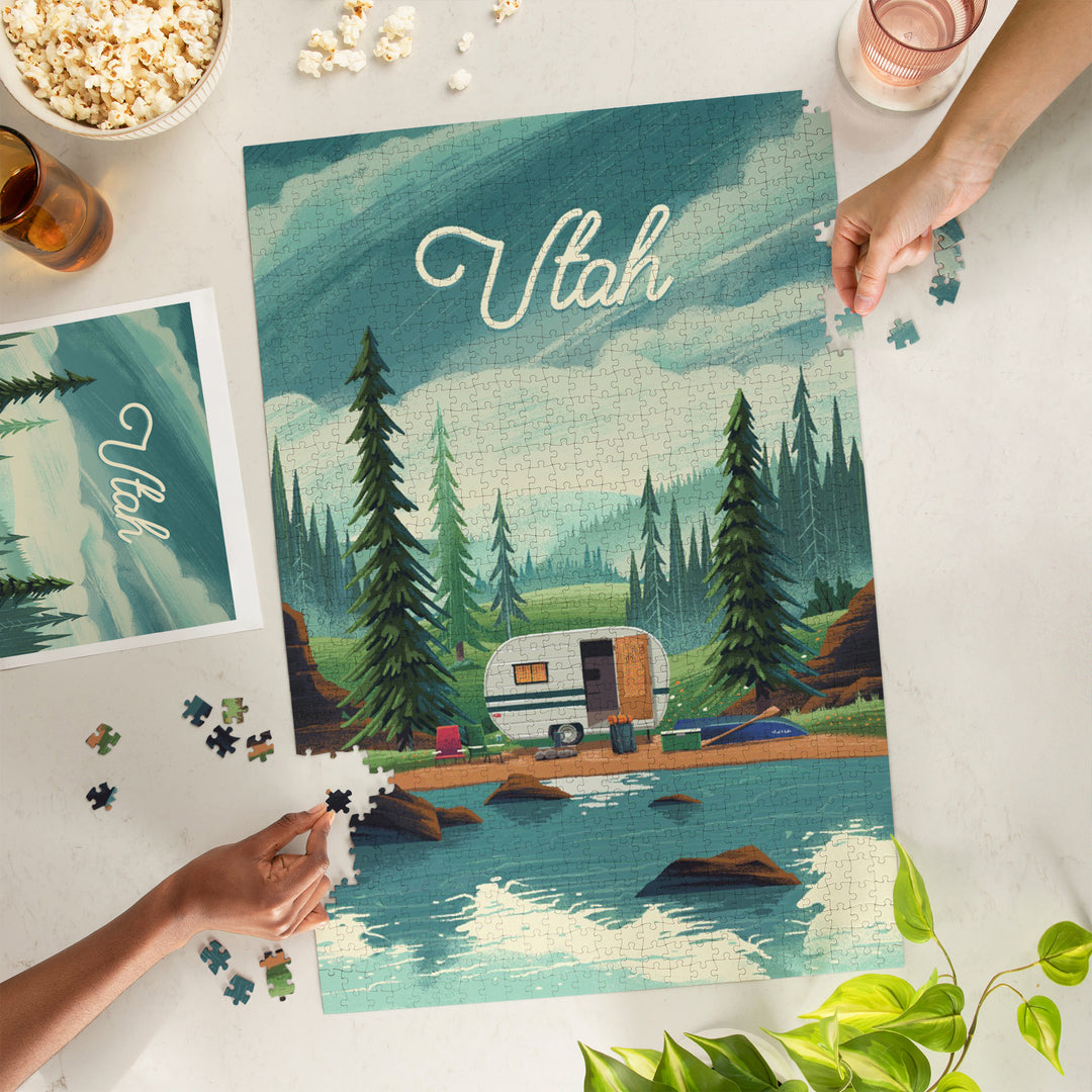Utah, Outdoor Activity, At Home Anywhere, Camper in Evergreens, 1000 Piece Jigsaw Puzzle