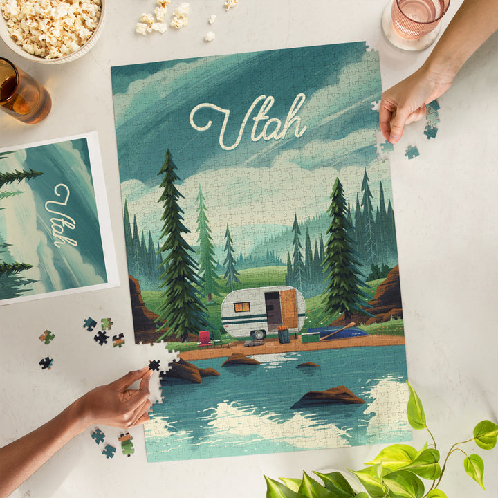 Utah, Outdoor Activity, At Home Anywhere, Camper in Evergreens, 1000 Piece Jigsaw Puzzle