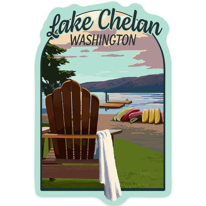 Chelan, Washington, Lake Chelan, Adirondack Chairs and Lake, Contour, Vinyl Sticker