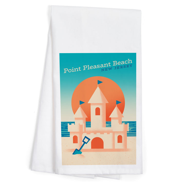 Point Pleasant Beach, New Jersey, Sun-faded Shoreline Collection, Sand Castle on Beach, Organic Cotton Kitchen Tea Towels