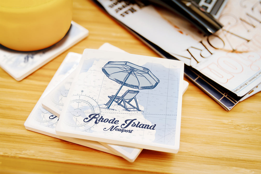 Newport, Rhode Island, Beach Chair and Umbrella, Blue, Coastal Icon, Coaster Set