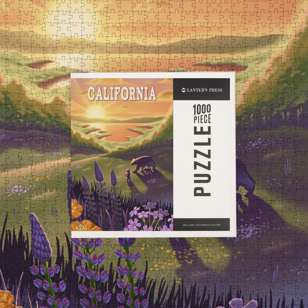 California, Bear and Spring Flowers, Lithograph, 1000 Piece Jigsaw Puzzle