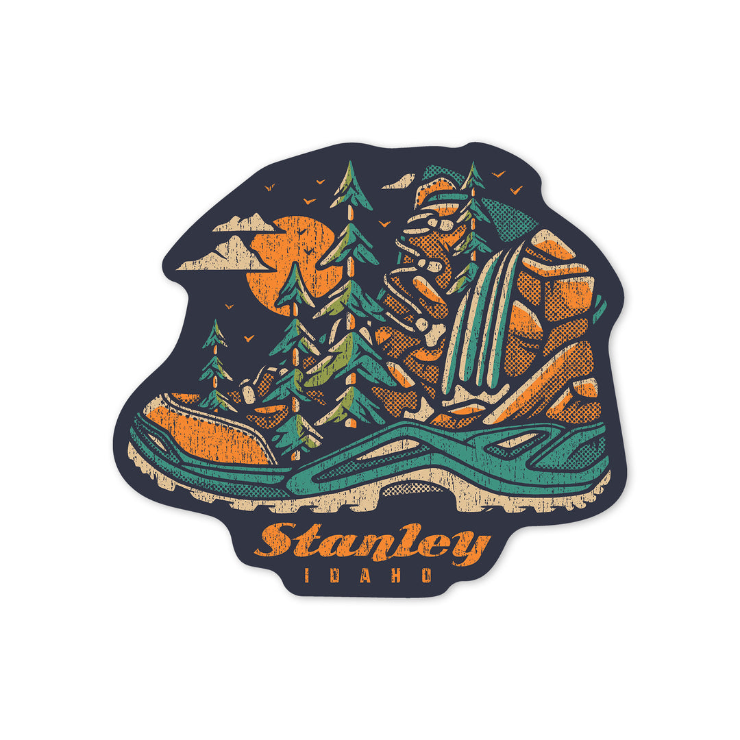 Stanley, Idaho, Hiking Boot, Orange, Distressed Vector, Contour, Vinyl Sticker