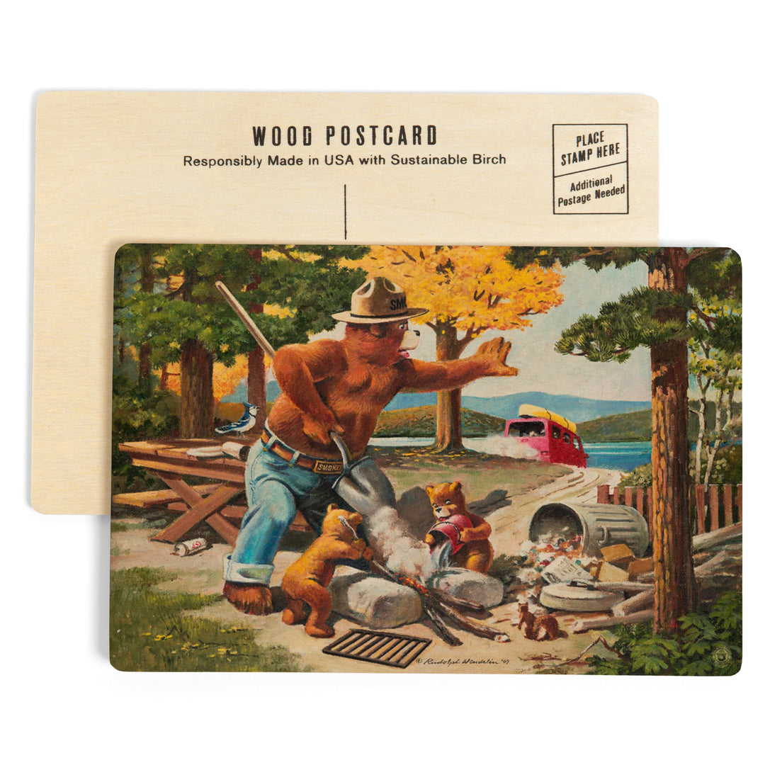 Smokey Bear, Extinguishing Left Campfire, Wood Sign and Postcards