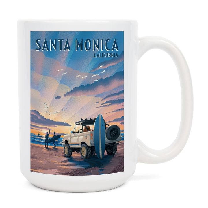 Santa Monica, California, Lithograph, Wake Up! Surf's Up!, Surfers on Beach, Ceramic Mug