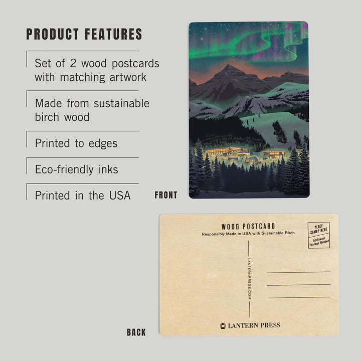 Lithograph, Village under Northern Lights, Wood Sign and Postcards