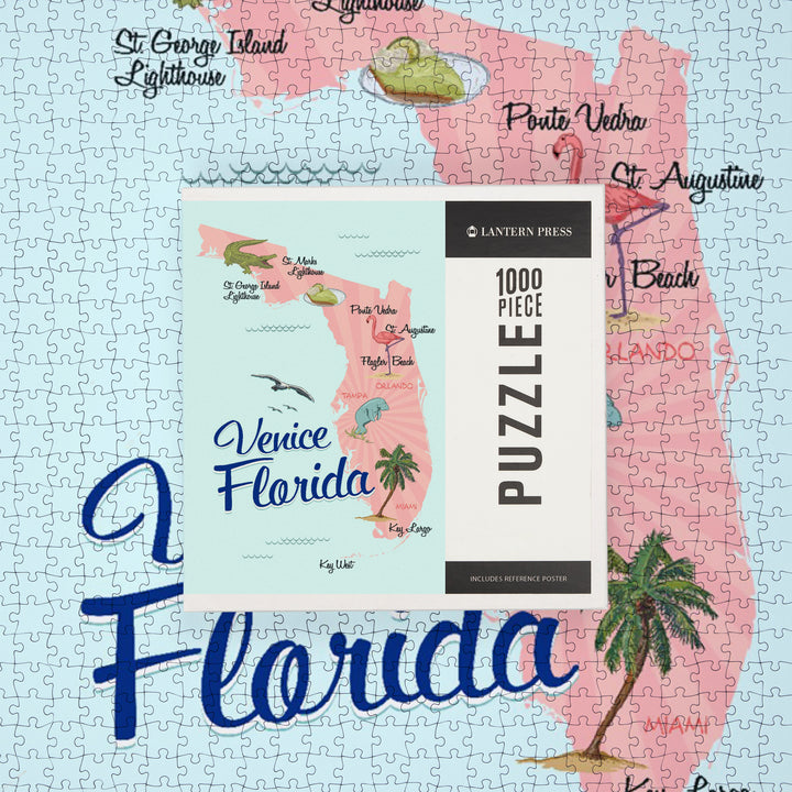 Venice, Florida, Typography and Icons, Pink and Blue, Jigsaw Puzzle