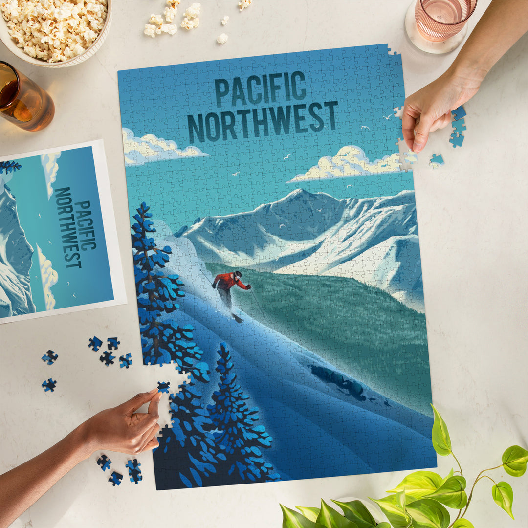 Pacific Northwest, Lithograph, Downhill Skier, 1000 Piece Jigsaw Puzzle