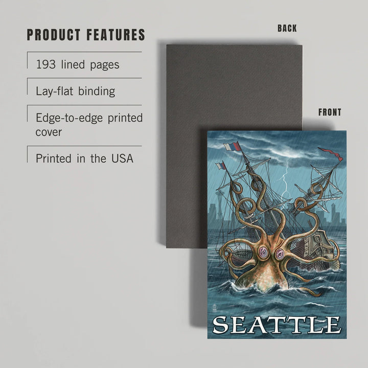 Lined 6x9 Journal, Seattle, Washington, Kraken Attacking Ship, Lay Flat, 193 Pages, FSC paper