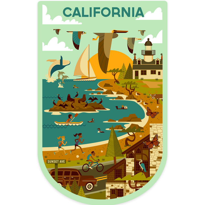 California Wildlife, Lighthouse and Coastal Life Illustration, Vinyl Sticker