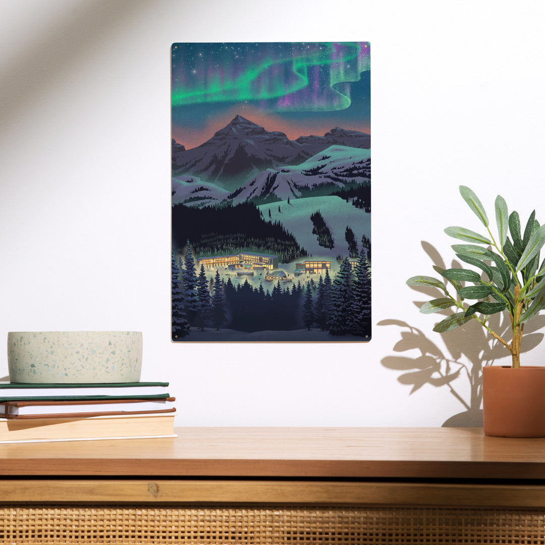 Lithograph, Village under Northern Lights, Wood Sign and Postcards