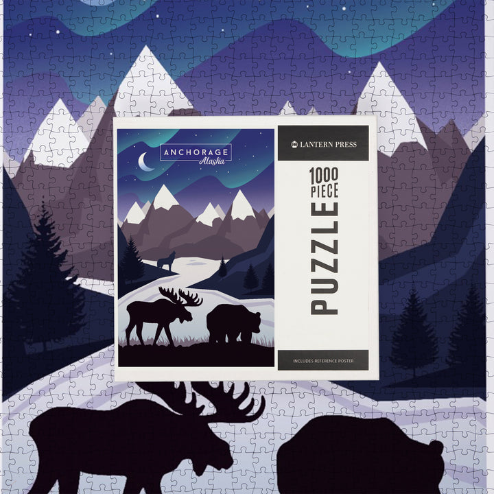Anchorage, Alaska, Northern Lights, Night Scene, Stay Wild, Bear and Mountain Silhouette, Jigsaw Puzzle