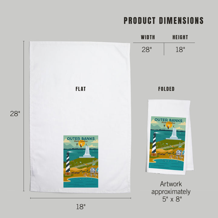 Outer Banks, North Carolina, Beach and Lighthouse, Geometric, Organic Cotton Kitchen Tea Towels