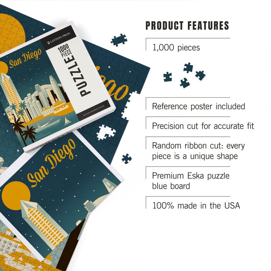 San Diego, California, Retro Skyline Series, 1000 Piece Jigsaw Puzzle