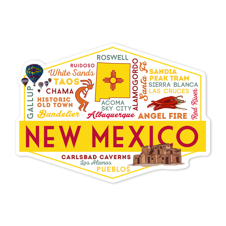 New Mexico, Typography & Icons, Contour, Lantern Press Artwork, Vinyl Sticker