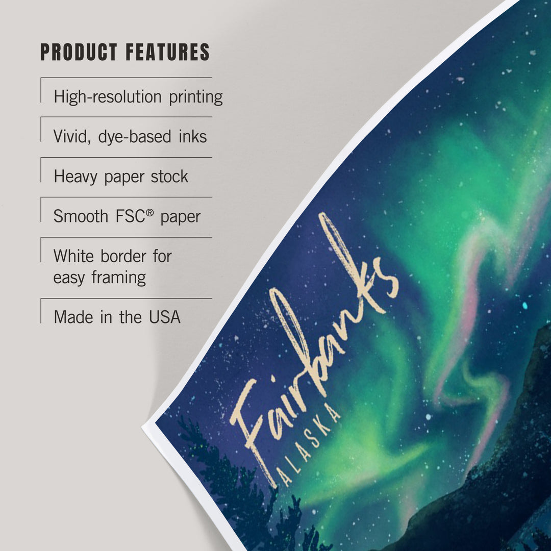 Fairbanks, Alaska, Lithograph, Northern Lights and Sled Dogs, Art & Giclee Prints