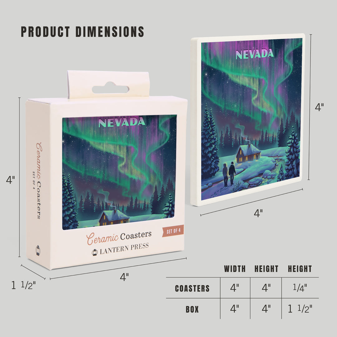 Nevada Lithograph Northern Lights and Cabin, Coasters