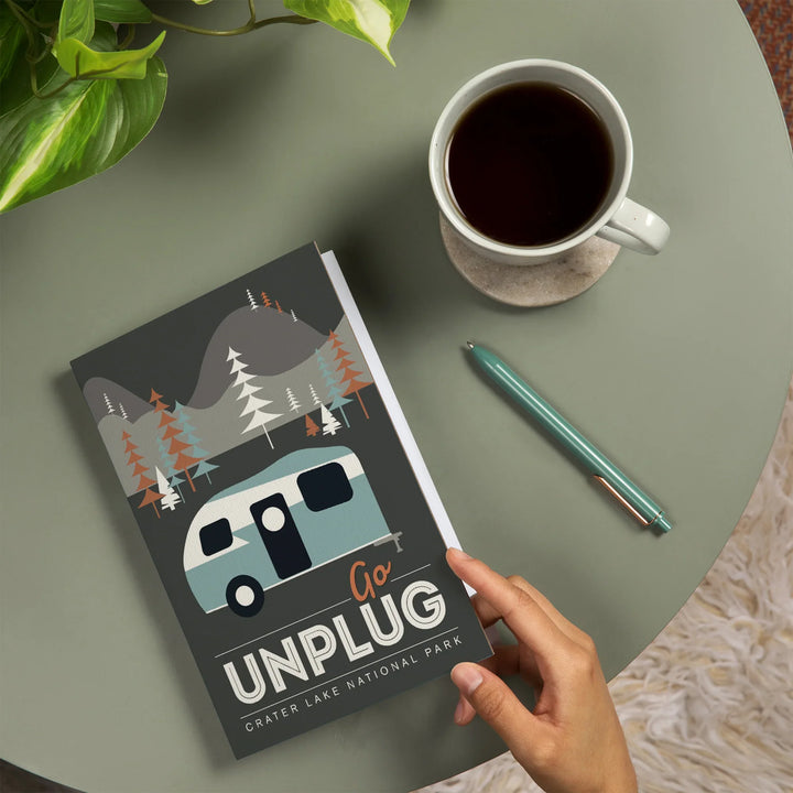 Lined 6x9 Journal, Crater Lake National Park, Go Unplug, Retro Camper, Lay Flat, 193 Pages, FSC paper