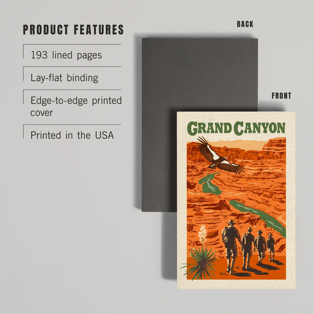 Lined 6x9 Journal, Grand Canyon National Park, Arizona, Hikers Scene, Woodblock, Lay Flat, 193 Pages, FSC paper