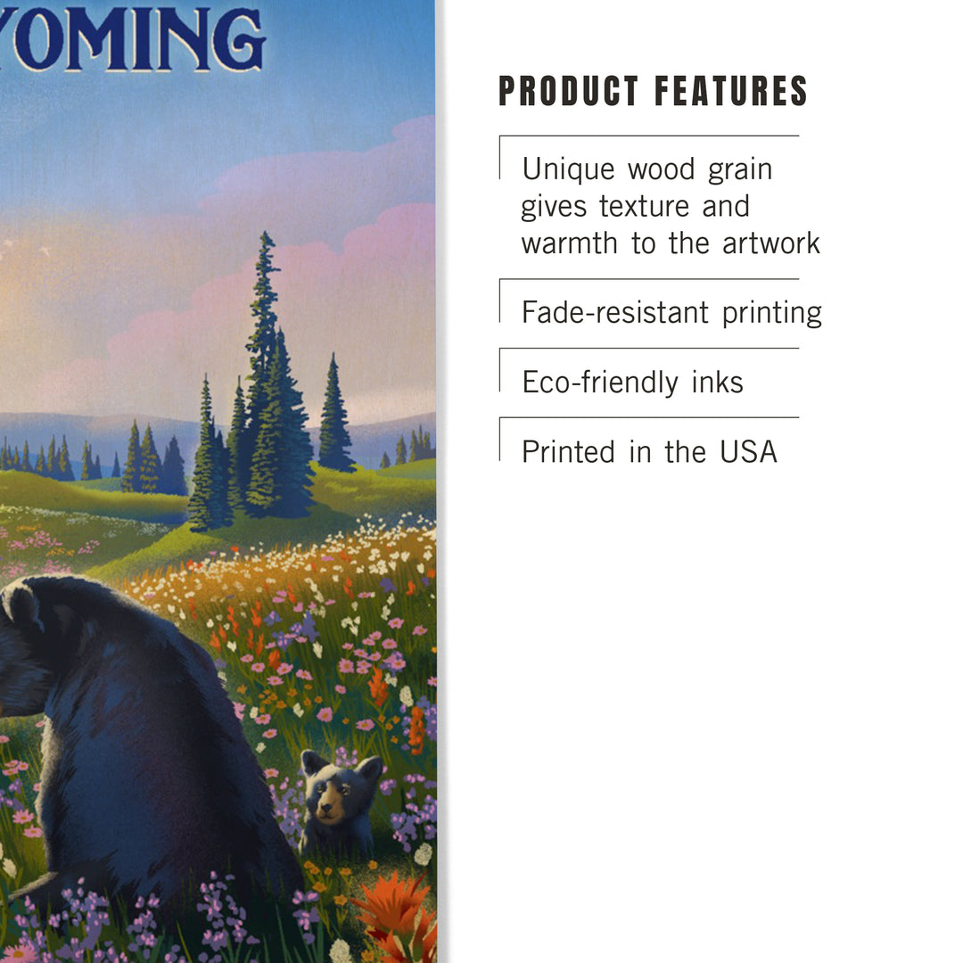 Wyoming, Lithograph, Bear Family in Field, Wood Signs and Postcards