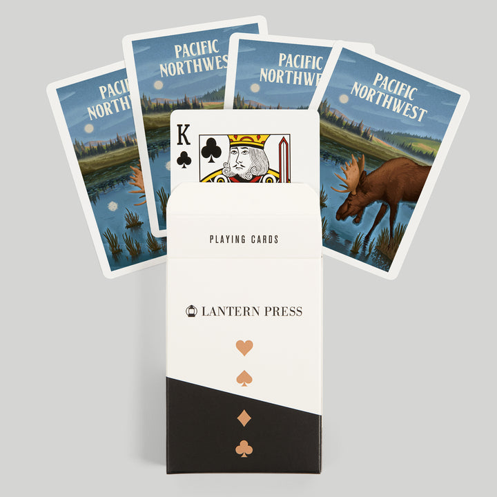 Playing Cards, Pacific Northwest, Lithograph, Reflection Pond and Bull Moose, 52 Card Deck with Jokers in Box, Unique Art