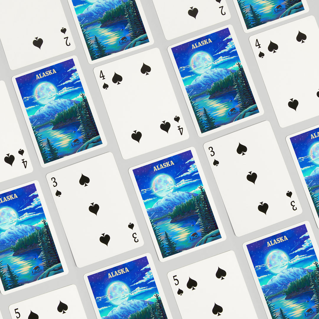 Playing Cards, Alaska, Oil Painting, Lake and Super Moon, 52 Card Deck with Jokers in Box, Unique Art