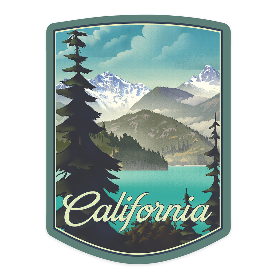 California, Lithograph, Lake and Mountains Scene, Contour, Vinyl Sticker - Lantern Press