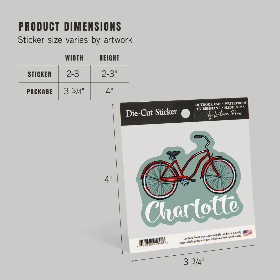 Charlotte, North Carolina, Beach Cruiser Bike, Contour, Lantern Press Artwork, Vinyl Sticker