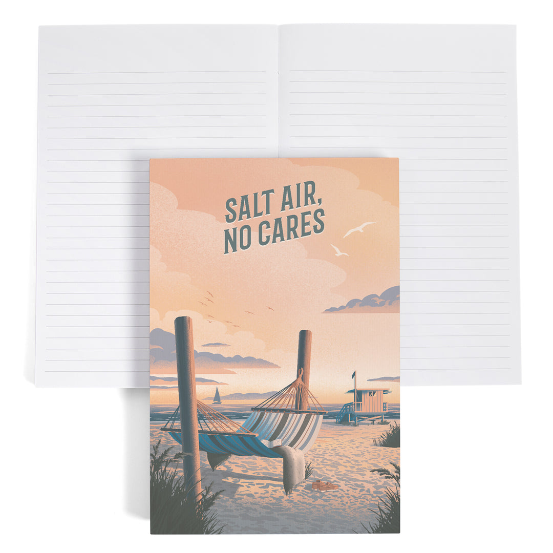 Lined 6x9 Journal, Lithograph, Salt Air, No Cares, Hammock on Beach, Lay Flat, 193 Pages, FSC paper