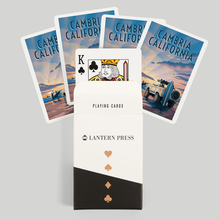 Playing Cards, Cambria, California, Lithograph, Surfers on Beach, 52 Card Deck with Jokers in Box, Unique Art