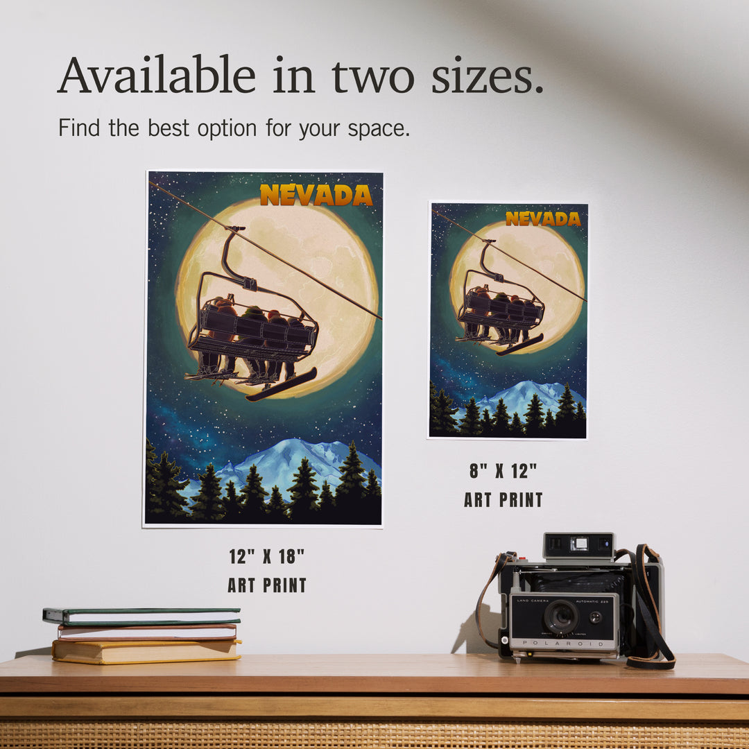 Nevada, Ski Lift and Full Moon, Snowboarder, Art & Giclee Prints