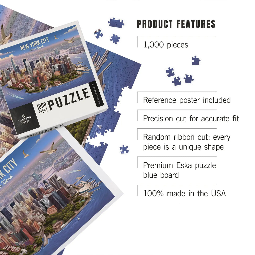 New York City, New York, Lithograph, Lower Manhattan, Jigsaw Puzzle