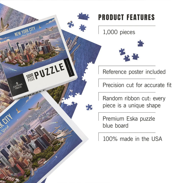 New York City, New York, Lithograph, Lower Manhattan, Jigsaw Puzzle