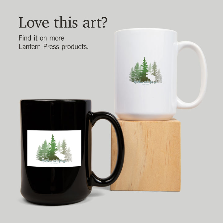 Northern Lake George, New York, Moose & Mountains, Green Tones, Lantern Press Artwork, Ceramic Mug
