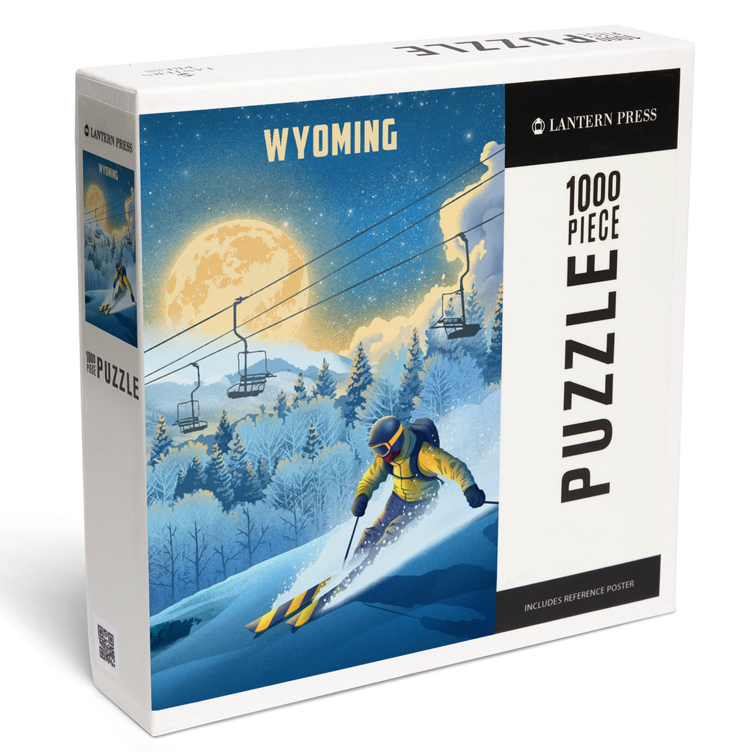 Wyoming, Lithograph, Night Ski, 1000 Piece Jigsaw Puzzle