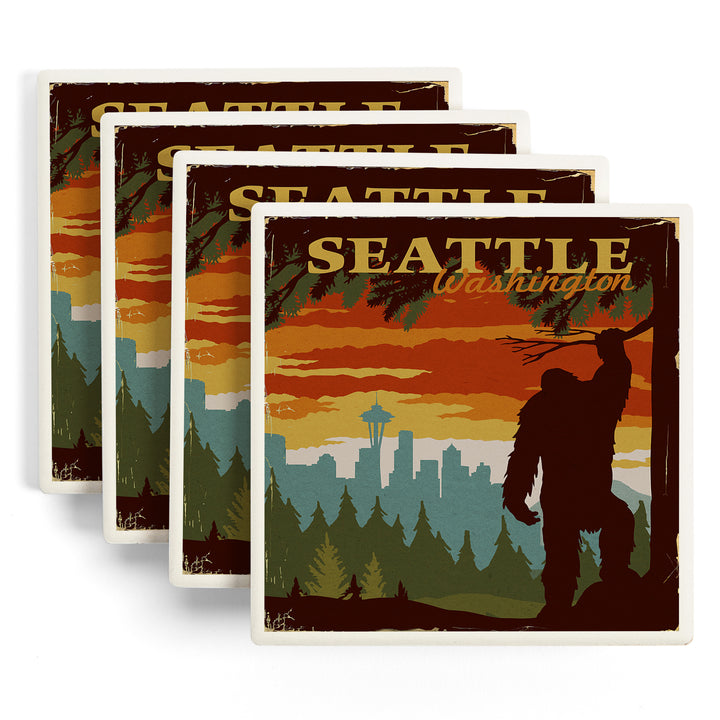 Seattle Skyline, Bigfoot, WPA Style, Coasters