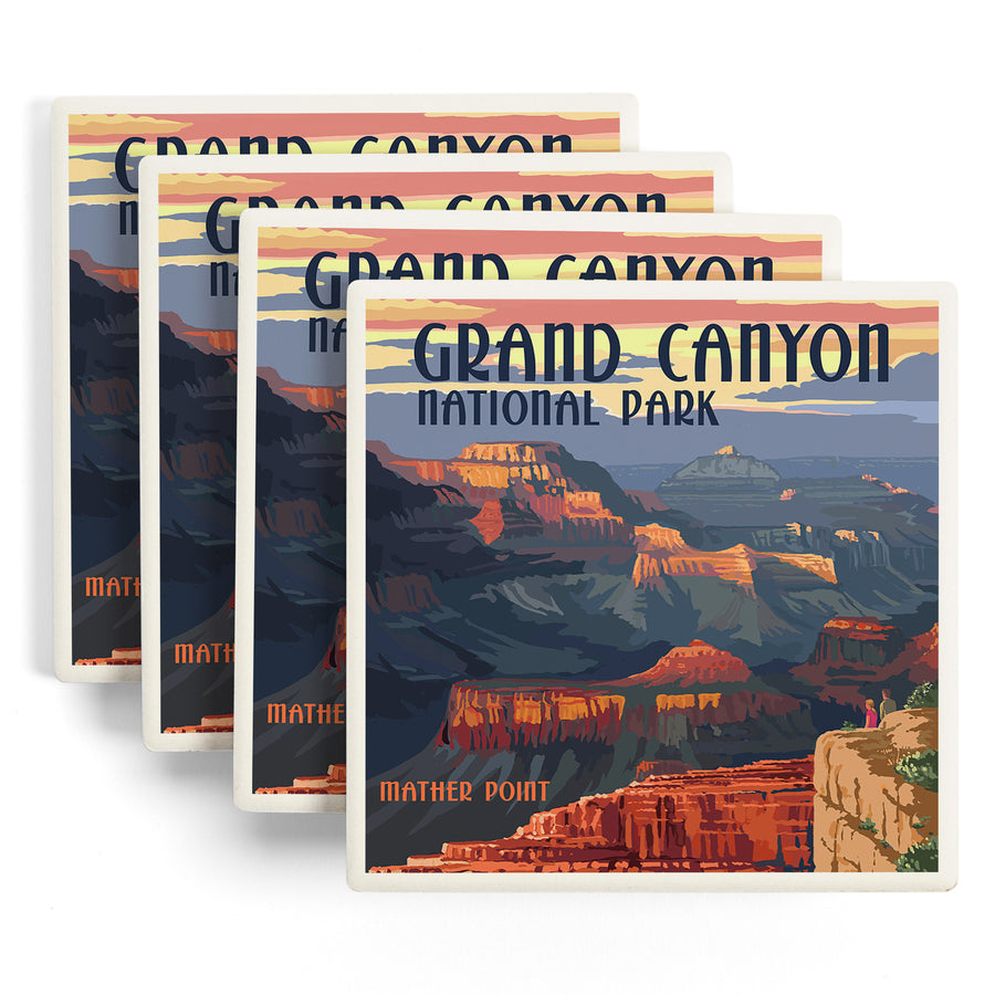 Grand Canyon National Park, Arizona, Mather Point, Lantern Press Artwork, Coaster Set