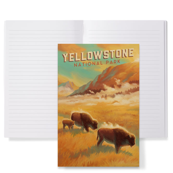 Lined 6x9 Journal, Yellowstone National Park, Bison Family, Oil Painting, Lay Flat, 193 Pages, FSC paper