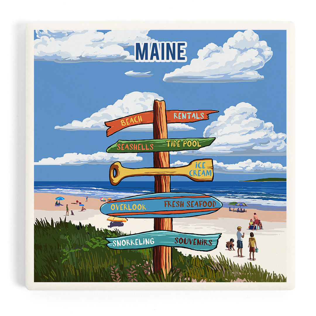 Maine, Signpost, Coast Beach with Umbrellas, Coasters