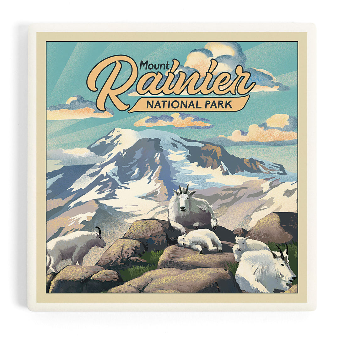 Mount Rainier National Park, Lithograph, Goats, Coasters