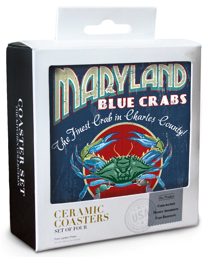 Charles County, Maryland, Blue Crab Vintage Sign, Coaster Set