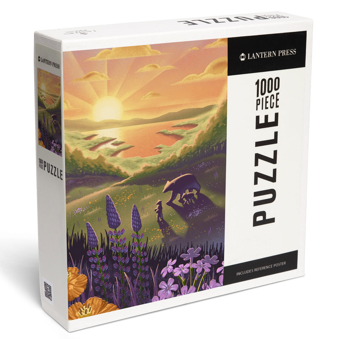 Bear and Spring Flowers, Lithograph, 1000 Piece Jigsaw Puzzle