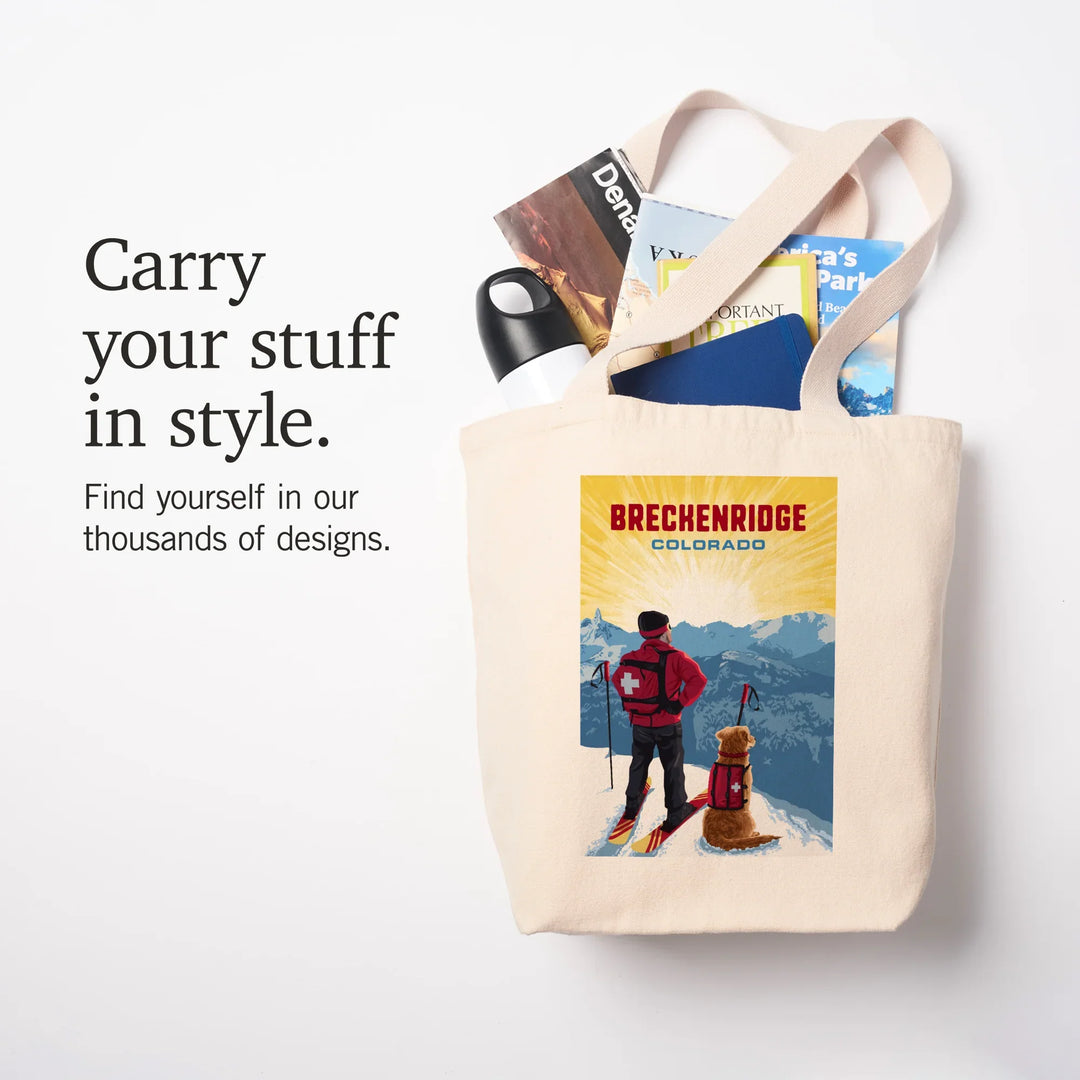 Breckenridge, Colorado, Painterly, Ski Patrol with Avalanche Dog, Tote Bag