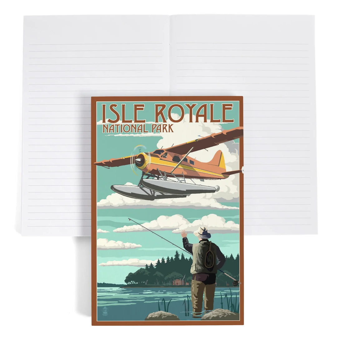 Lined 6x9 Journal, Isle Royale National Park, Michigan, Float Plane and Fisherman, Lay Flat, 193 Pages, FSC paper