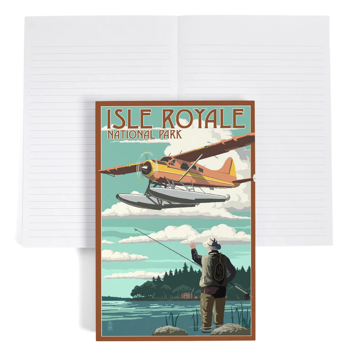 Lined 6x9 Journal, Isle Royale National Park, Michigan, Float Plane and Fisherman, Lay Flat, 193 Pages, FSC paper